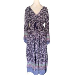Few Moda New York Medium Paisley Floral Tie Waist Long Sleeve V Neck Maxi Dress